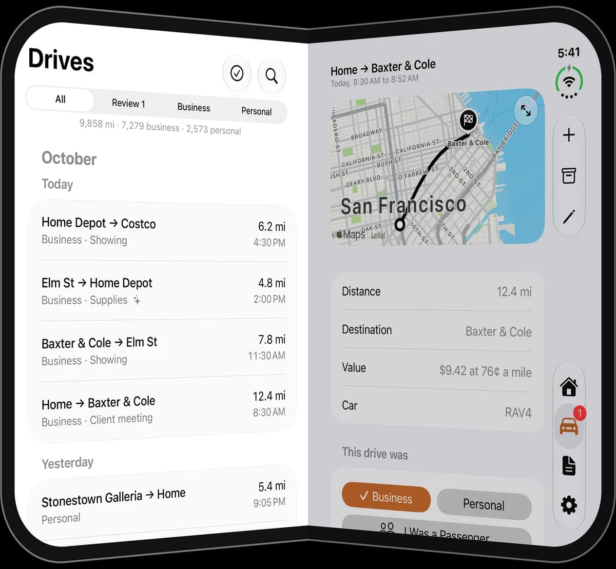 EveryDrive on the half-open iPhone Duo: the drives list and a drive's route