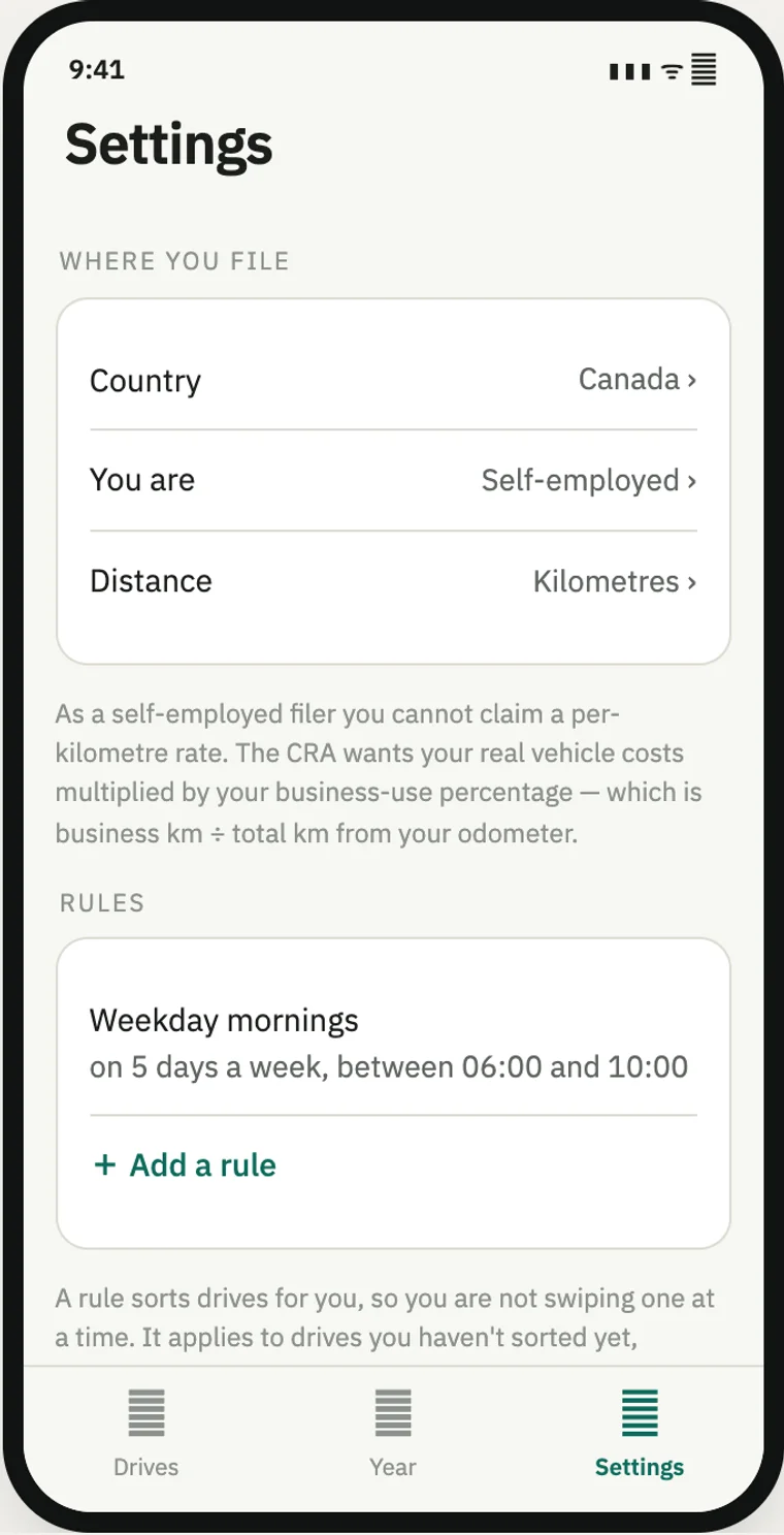 Tallymile Settings screen